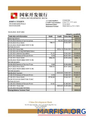 Китай Development Банковский Выписка из банка Excel предпросмотр
