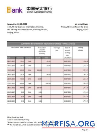 Китай Everbright Банковский Выписка из банка Excel образец