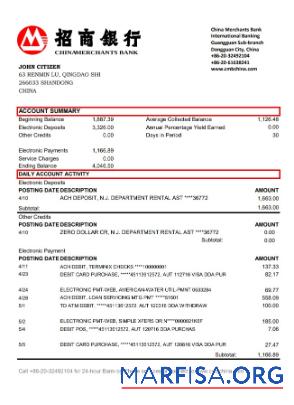 Китай Merchants Банковский Выписка из банка Excel шаблон