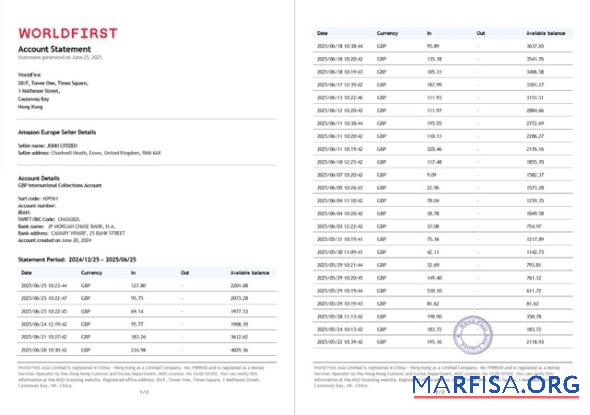 Китай Worldfirst Аккаунт Банковский Выписка из банка Word 2 pages макет