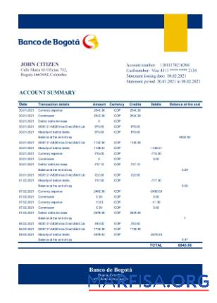 Колумбия Banco de Bogota╠ü Банковский Выписка из банка Excel предпросмотр