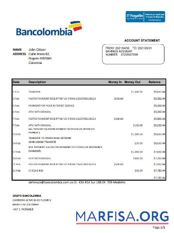 Колумбия Bancolombia Банковский Выписка из банка Excel макет