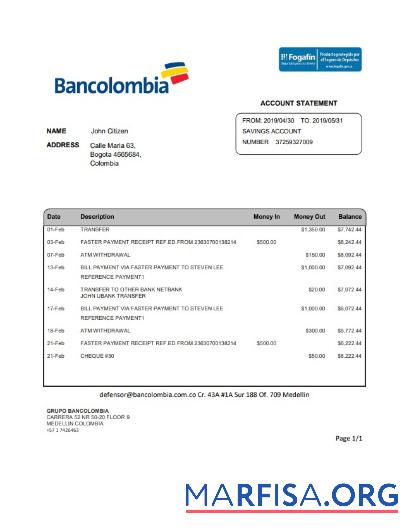 Колумбия Bancolombia Банковский Выписка из банка Word предпросмотр