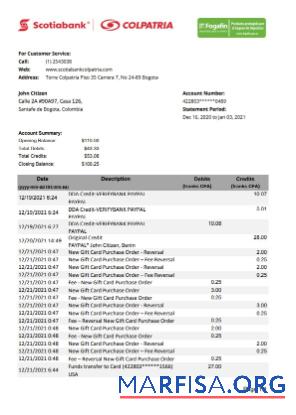 Колумбия Scotiabank Colpatria Банковский Выписка из банка Excel дизайн
