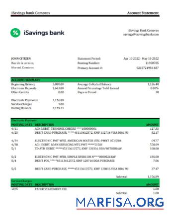 Коморы iSavings Банковский Выписка из банка Excel шаблон