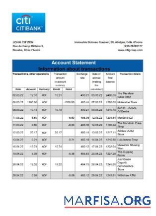 Cote d'Ivoire Citibank Банковский Выписка из банка Excel шаблон