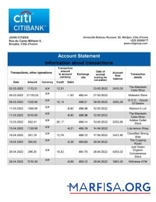 Cote d'Ivoire Citibank Банковский Выписка из банка Word дизайн