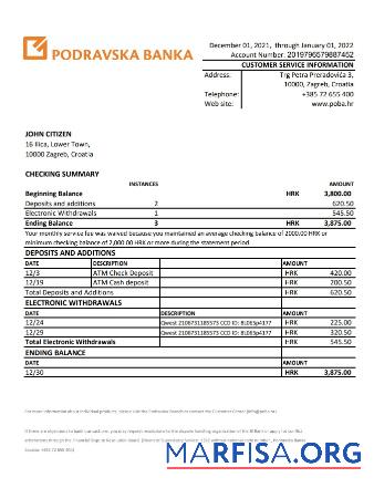 Хорватия Podravska Банковский Выписка из банка Excel дизайн