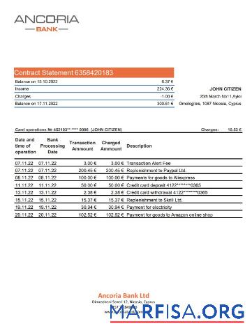 Кипр Ancoria Банковский Выписка из банка Excel предпросмотр