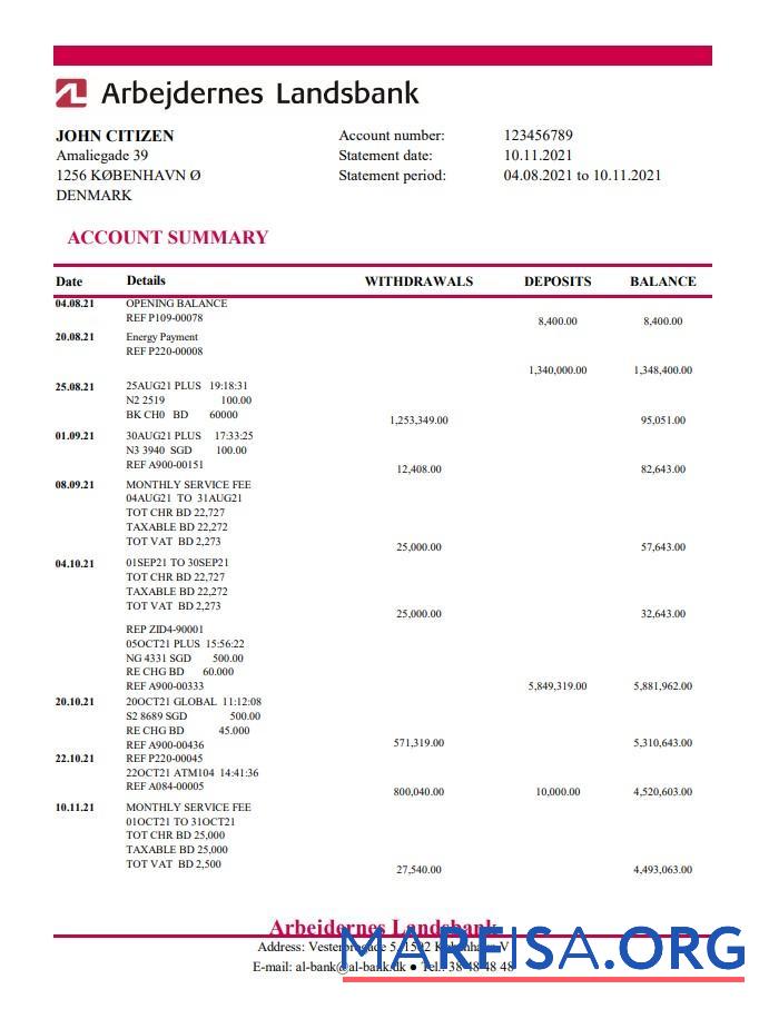 Дания Arbejdernes Landsbank Банковский Выписка из банка Excel шаблон