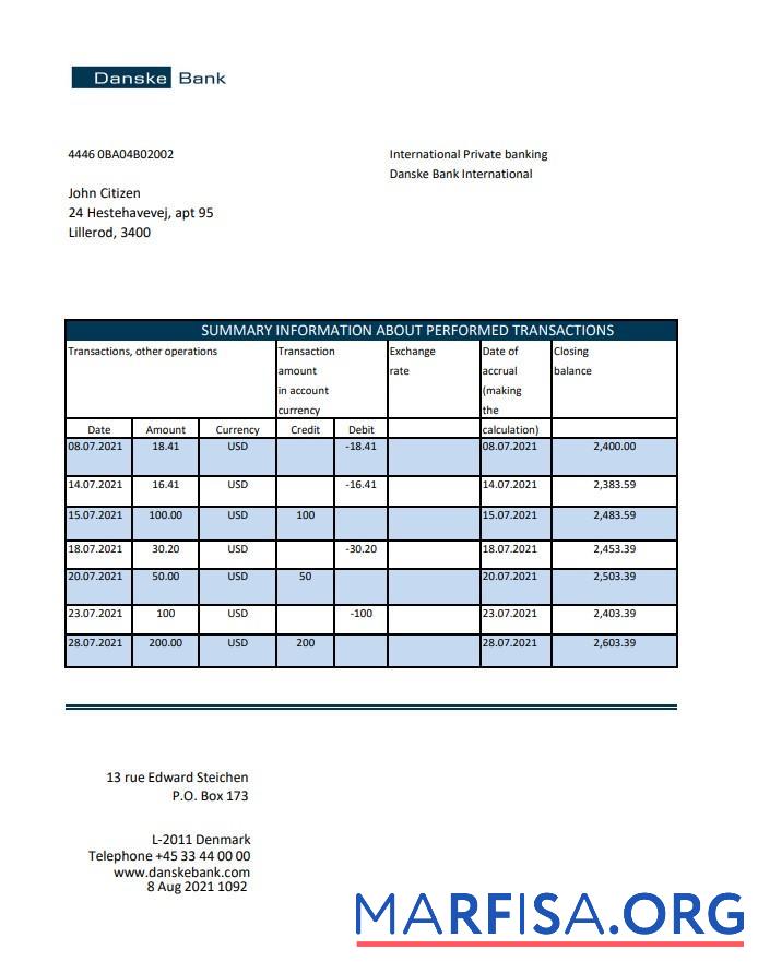 Дания Danskebank Банковский Выписка из банка Excel макет