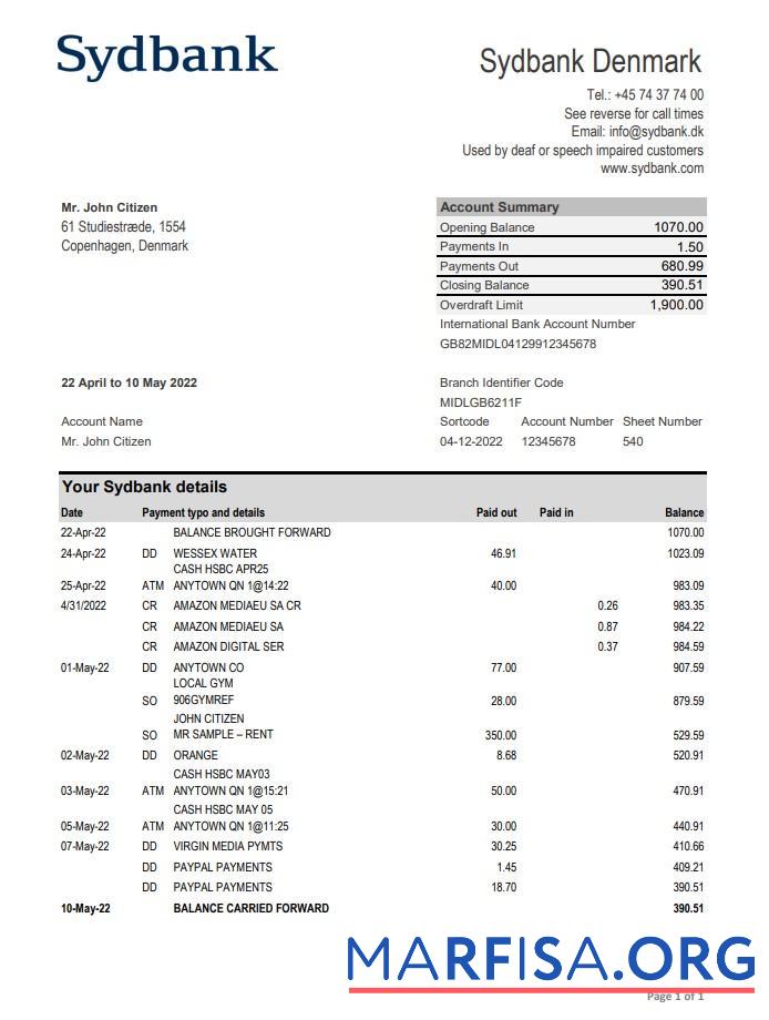 Дания Sydbank Банковский Выписка из банка Excel шаблон