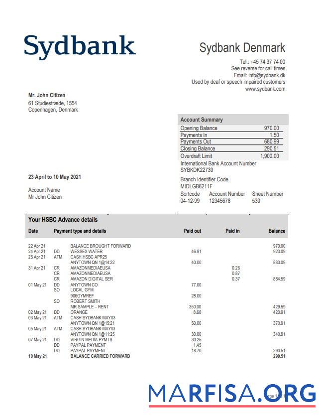 Дания Sydbank Банковский Выписка из банка Word макет