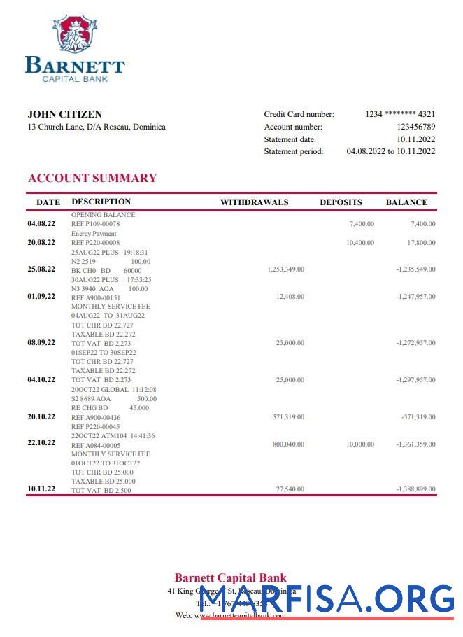 Доминика Barnett Capital Банковский Выписка из банка Excel макет