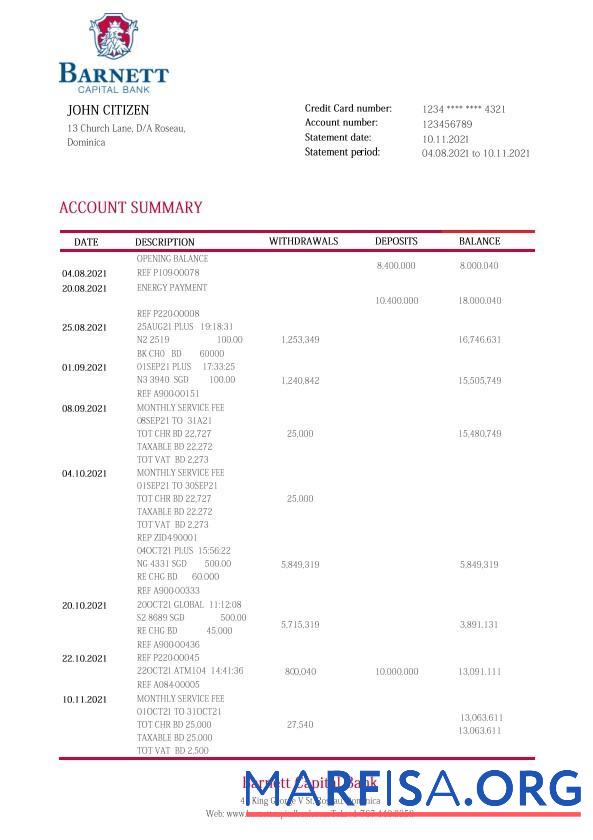 Доминика Barnett Capital Банковский Выписка из банка Word образец