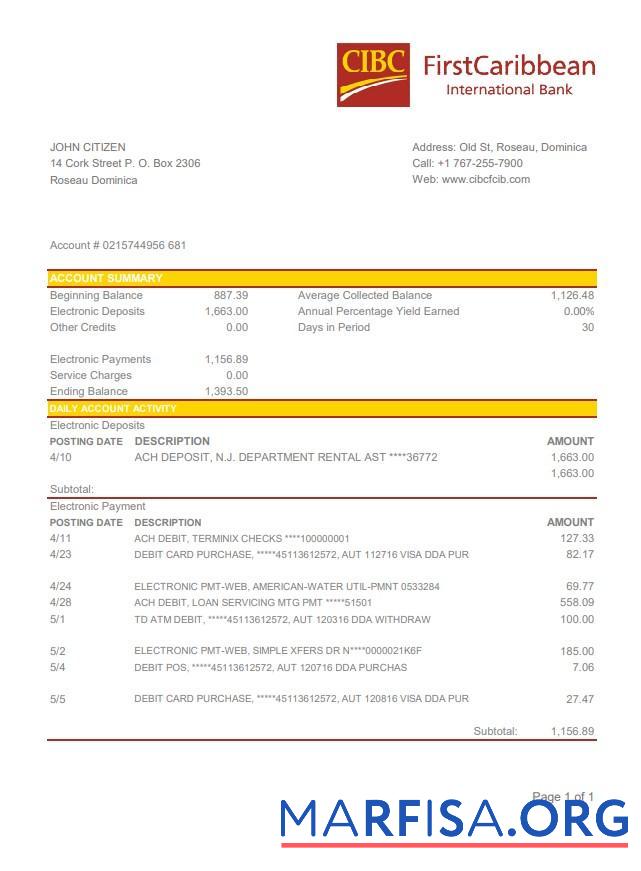 Доминика CIBC First Caribbean International Банковский Выписка из банка Excel макет