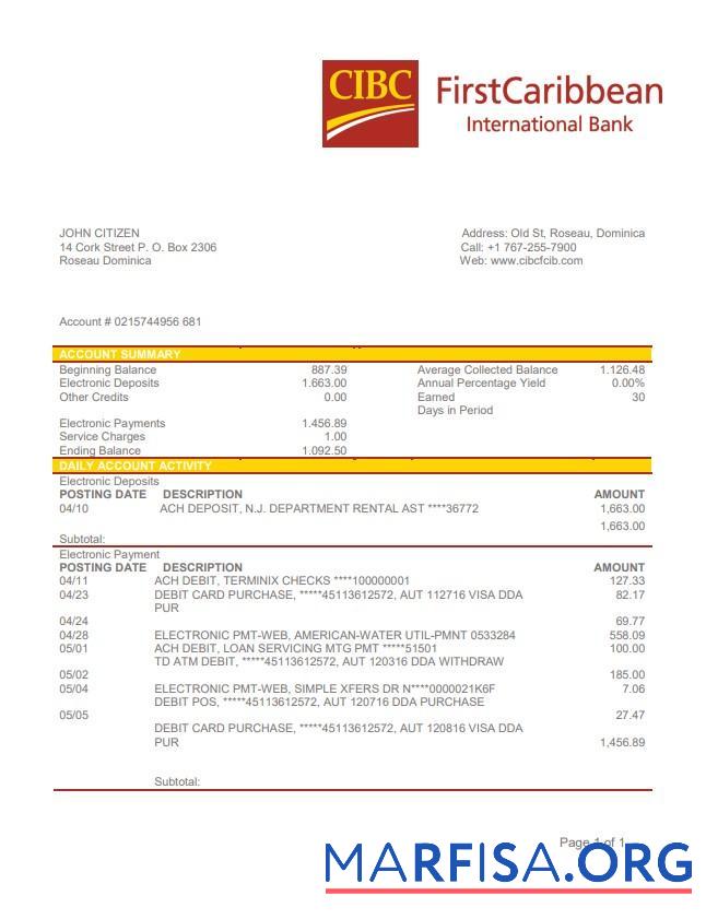 Доминика CIBC First Caribbean International Банковский Выписка из банка Word шаблон