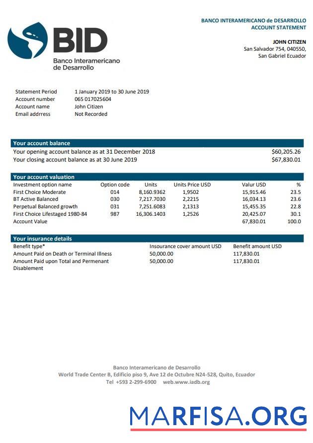 Эквадор Banco Interamericano de Desarrollo (BID) Банковский Выписка из банка Word макет
