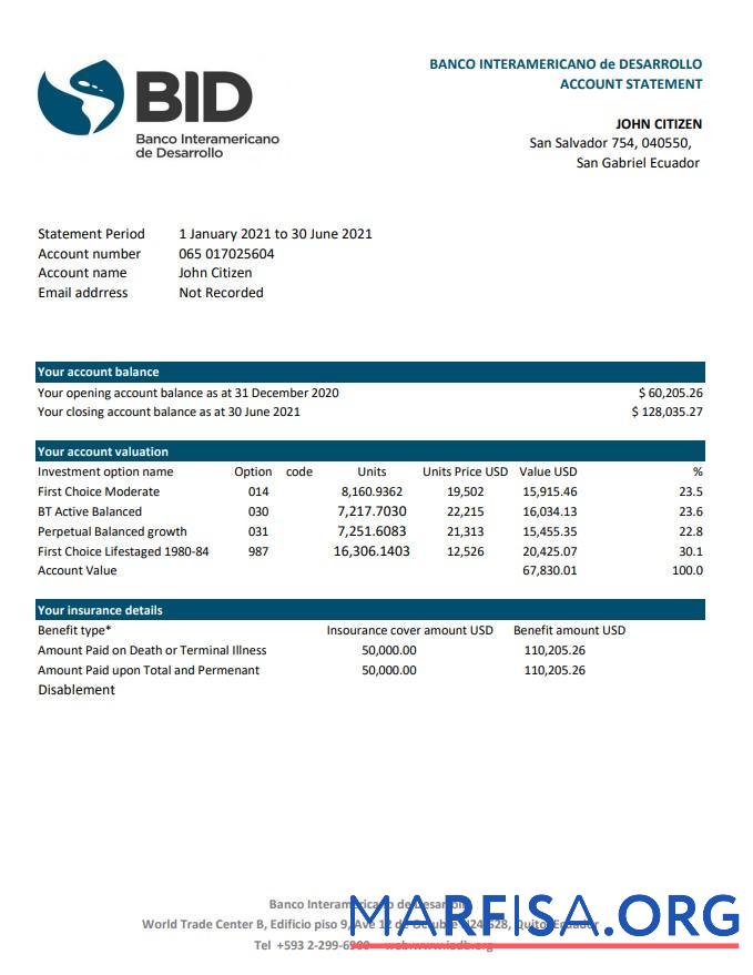 Эквадор Banco Interamericano de Desarrollo BID Банковский Выписка из банка Excel макет