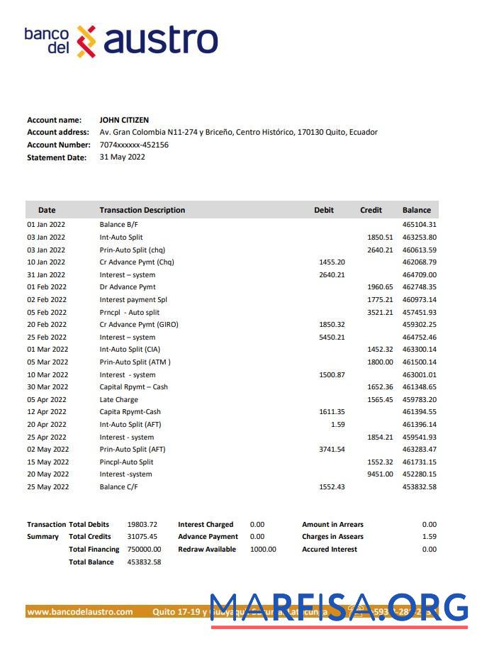Эквадор Banco del Austro Банковский Выписка из банка Excel макет