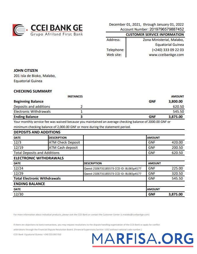 Экваториальная Гвинея CCEI Банковский Выписка из банка Excel макет