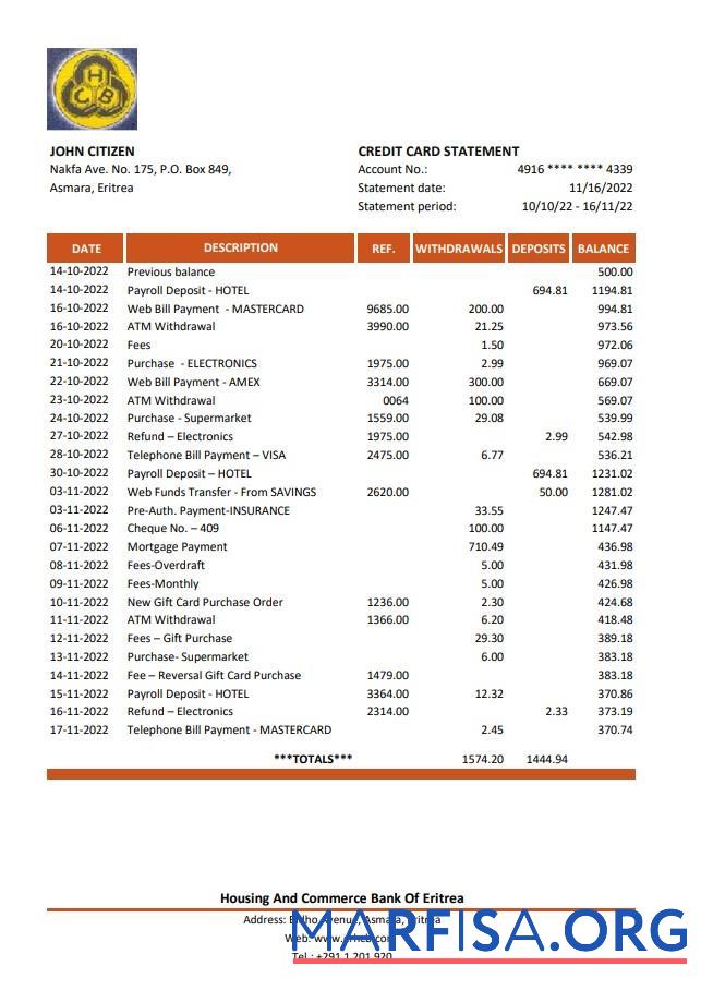 Эритрея Housing and Commerce Банковский Выписка из банка Excel дизайн