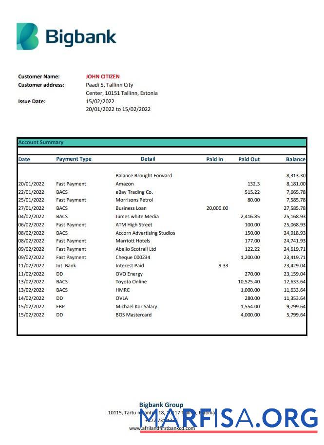 Эстония Bigbank Банковский Выписка из банка Excel дизайн