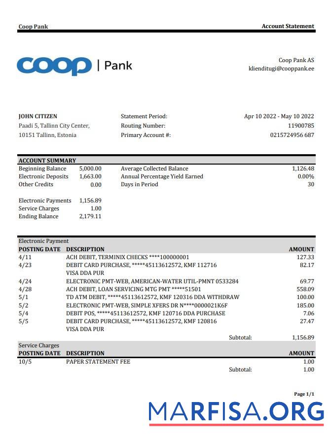 Эстония Coop Pank Банковский Выписка из банка Excel образец