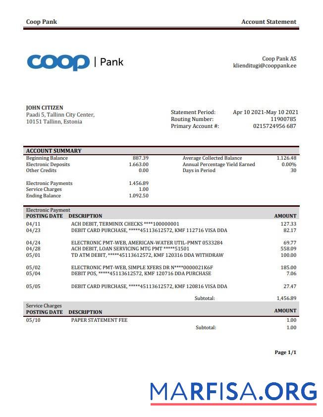 Эстония Coop Pank Банковский Выписка из банка Word дизайн