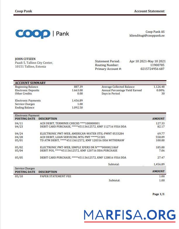 Эстония Coop Pank proof of address Банковский Выписка из банка Word предпросмотр