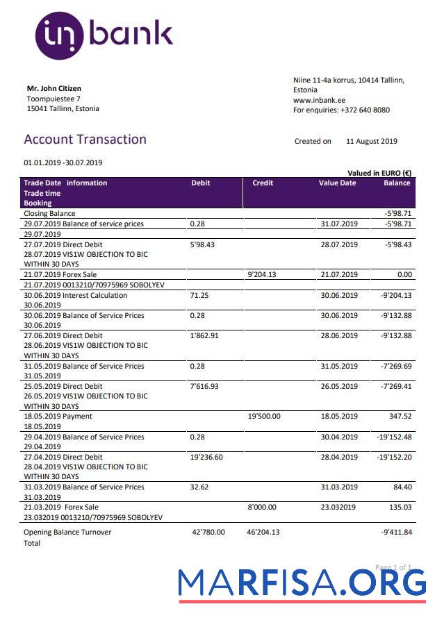 Эстония Inbank Банковский Выписка из банка Word образец
