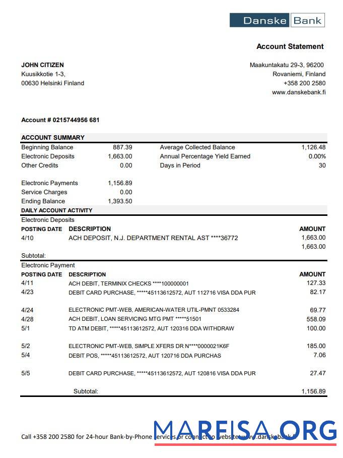 Финляндия Danske Банковский Выписка из банка Excel шаблон