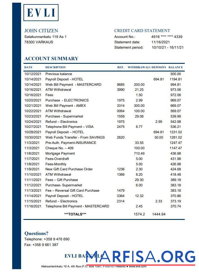 Финляндия Evli Банковский PLC Банковский Выписка из банка Excel шаблон