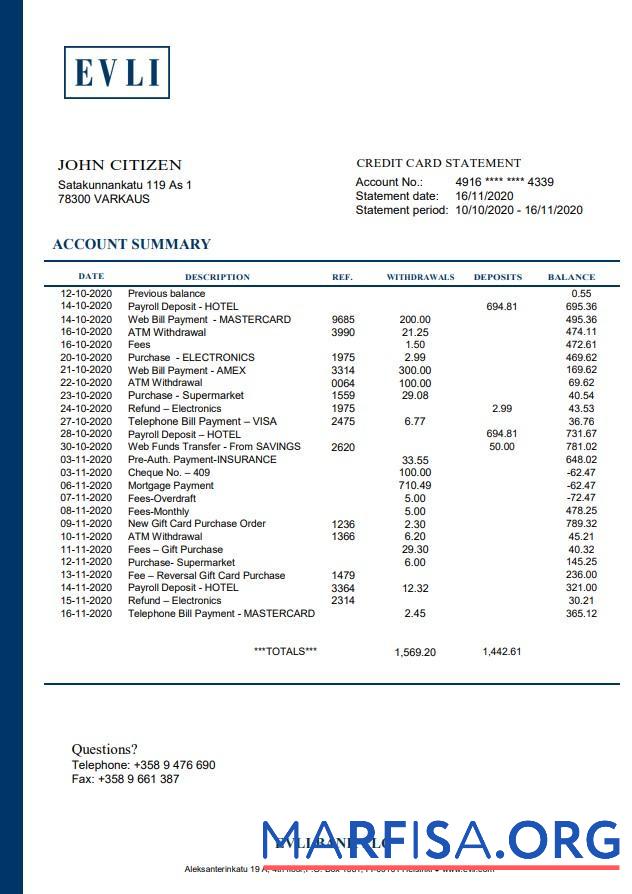 Финляндия Evli Банковский PLC Банковский Выписка из банка Word шаблон