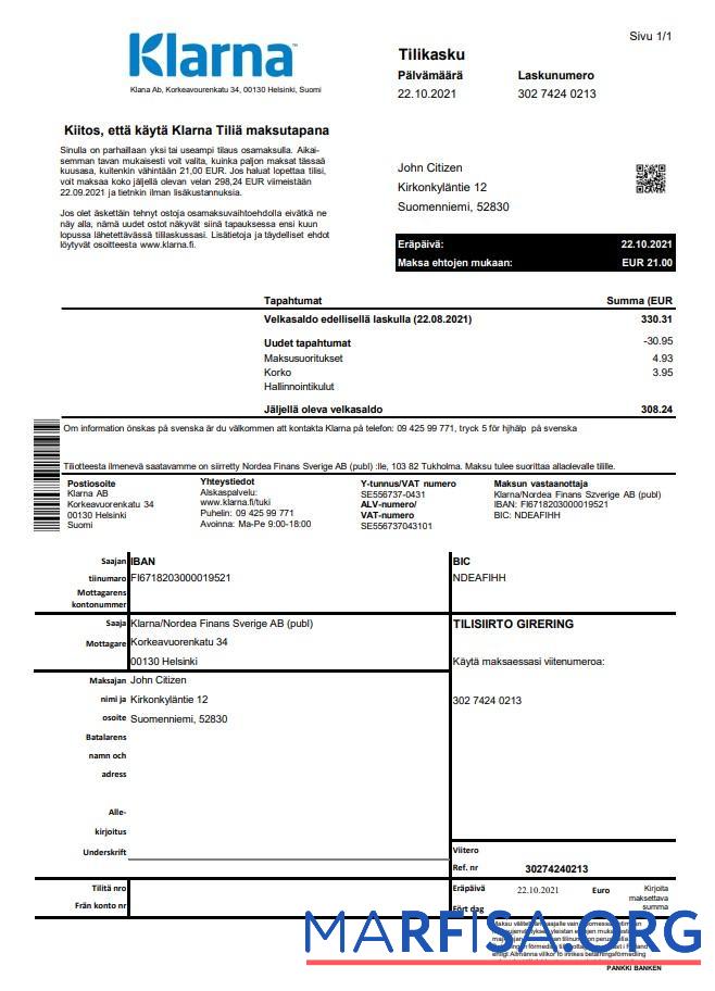 Финляндия Klarna Банковский Выписка из банка Excel шаблон