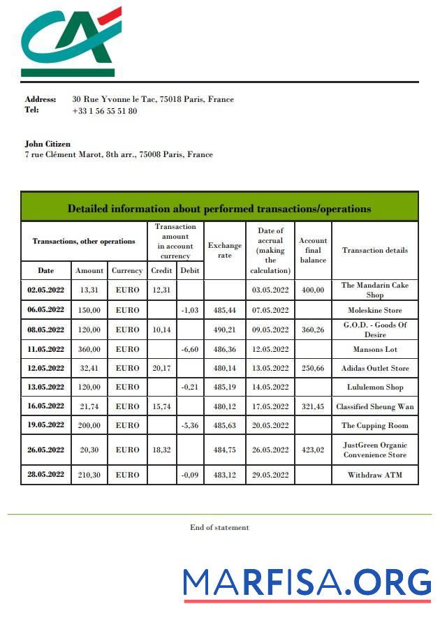 Франция Credite Agricole Банковский Выписка из банка Word предпросмотр