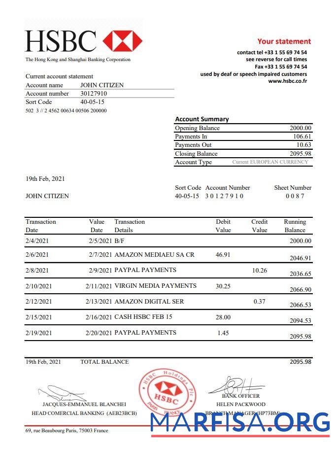 Франция HSBC Банковский Выписка из банка Excel шаблон
