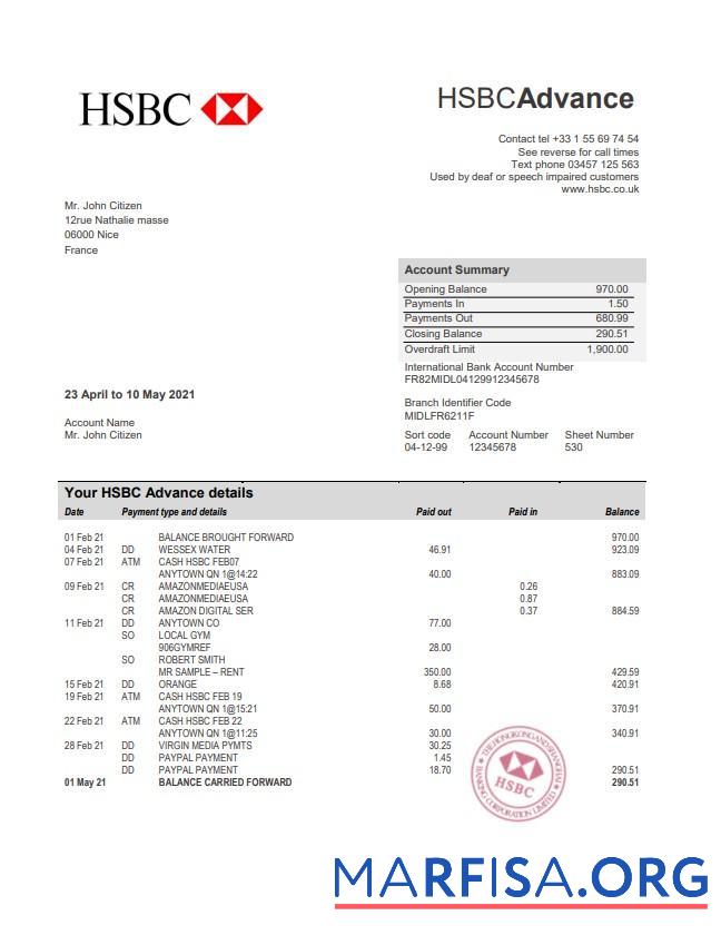 Франция HSBC Банковский Выписка из банка Word Версия 2 макет