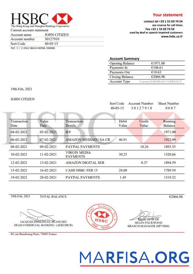 Франция HSBC Банковский Выписка из банка Word шаблон