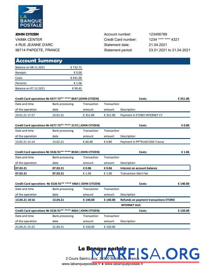 Франция La Banque Postale Банковский Выписка из банка Excel шаблон