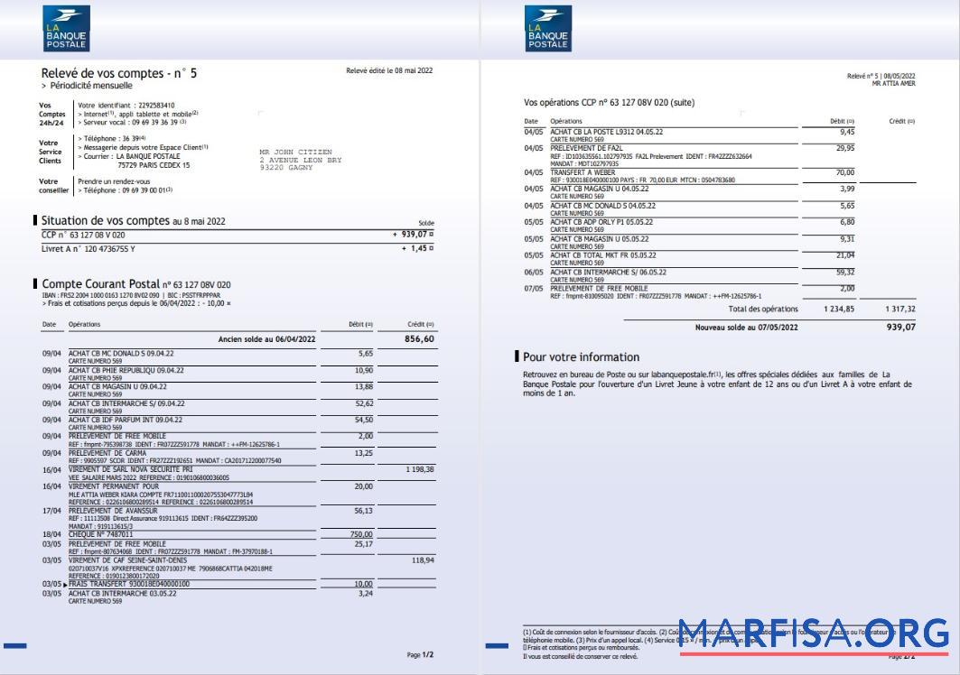 Франция La Banque postale Банковский Выписка из банка Word 3 pages дизайн