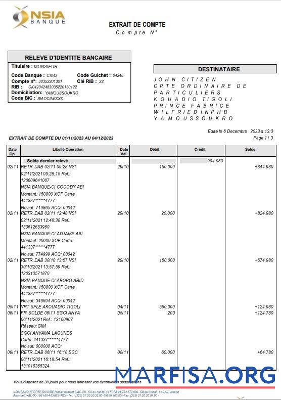 Франция NSIA Banque Банковский Выписка из банка Word 4 pages предпросмотр