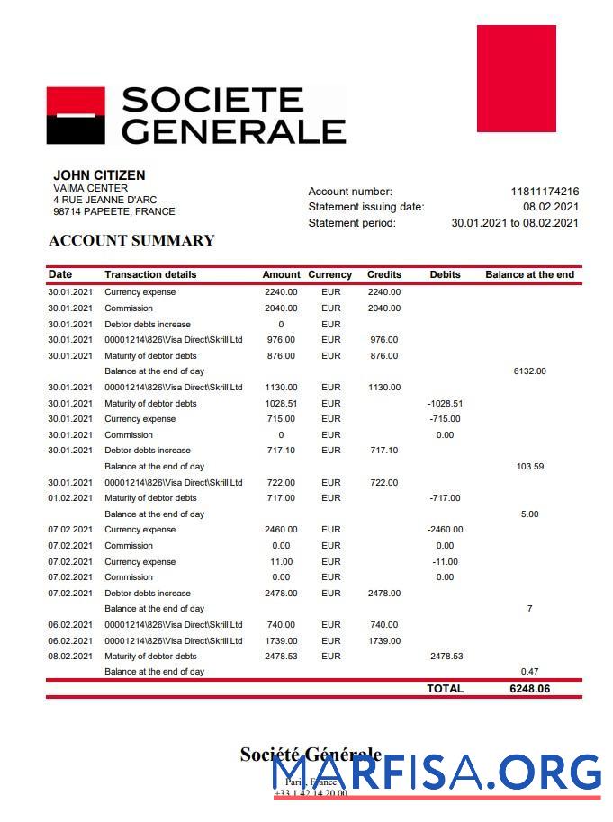 Франция Socie╠üte╠ü Ge╠üne╠ürale Банковский Выписка из банка Excel макет