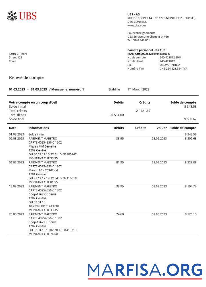 Франция UBS Банковский Выписка из банка Word макет