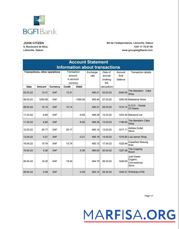 Профессиональный Габон BGFI Банковский Выписка из банка Шаблон, Excel and PDF Формат