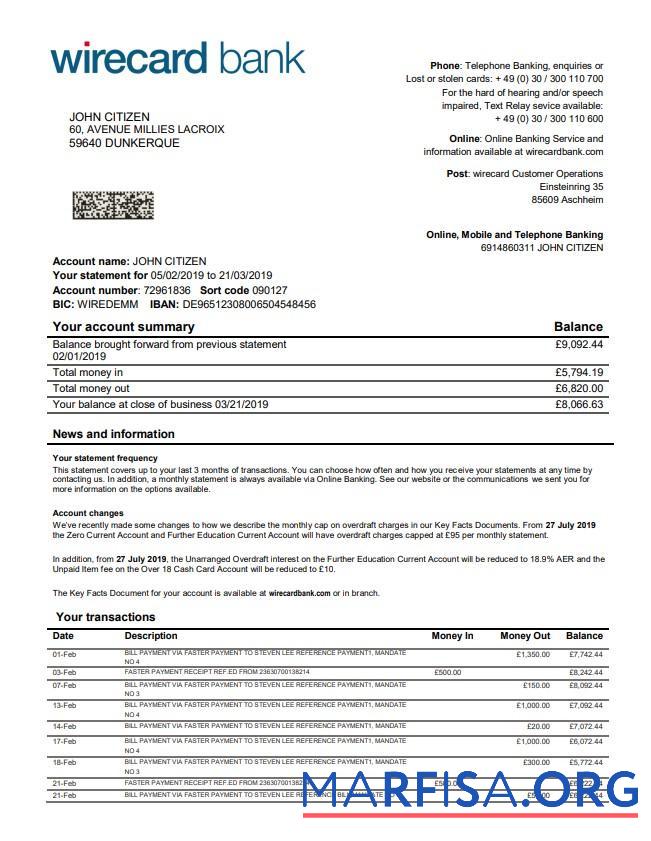 Германия Aschheim Wirecard Банковский Выписка из банка образец