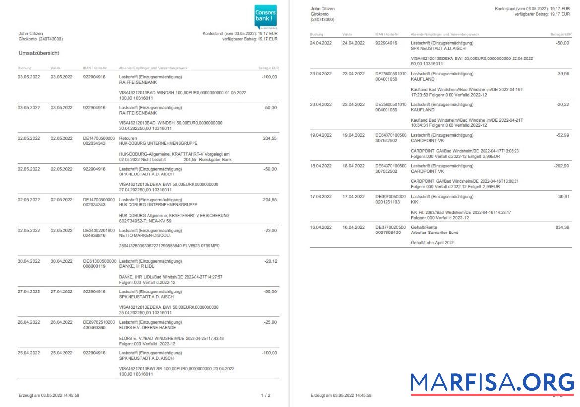 Германия Consorsbank Выписка из банка 2 pages шаблон