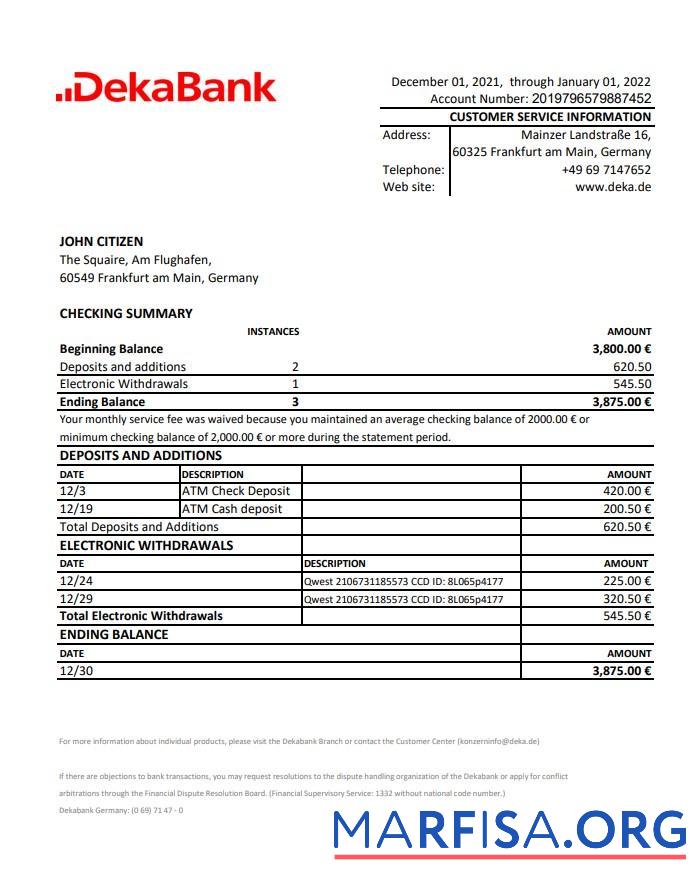 Германия Dekabank Банковский Выписка из банка Excel дизайн