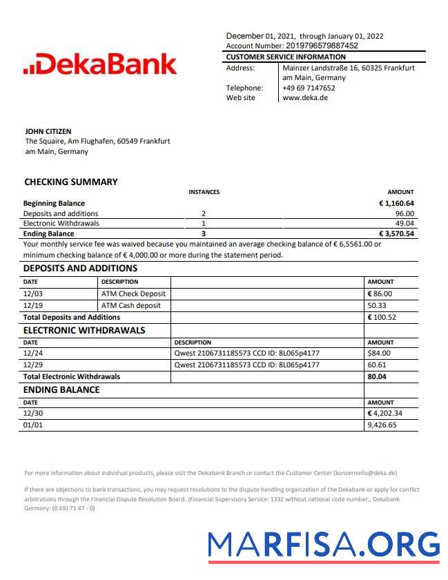 Германия Dekabank Банковский Выписка из банка предпросмотр