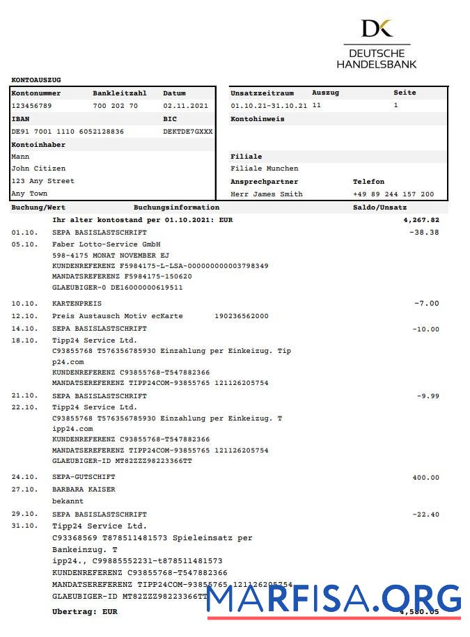 Германия Deutsche Handelbank Excel образец